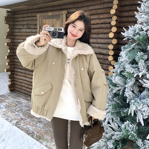 两面穿羊羔毛毛领派克服女冬季2025新款韩系工装风加绒加厚棉服图片