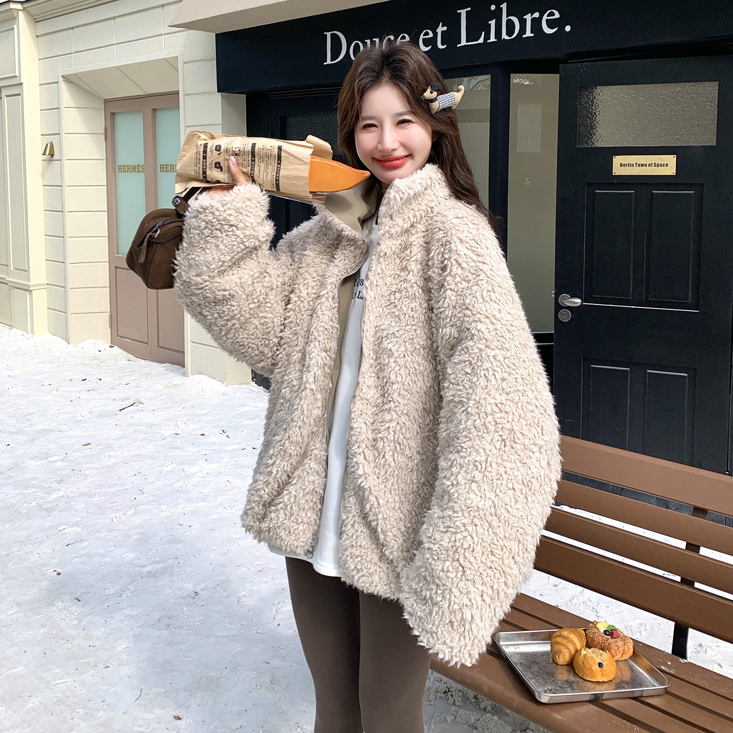 两面穿羊羔毛毛领派克服女冬季2025新款韩系工装风加绒加厚棉服,女装毛呢外套,2D107