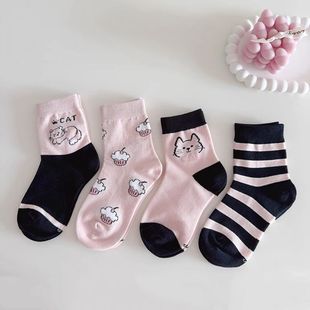 女童袜子儿童公主春秋宝宝学生可爱卡通女孩棉袜秋冬小猫中筒棉袜