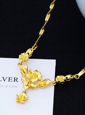 沙金镀金玫瑰花吊连体项链坠仿真黄金锁骨链时尚百搭久不褪色