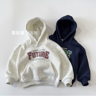 25秋冬装男童加绒连帽卫衣儿童薄绒上衣韩版小童宝宝一体绒套头衫