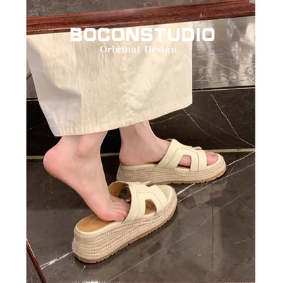 赵露思同款~度假风H拖鞋女夏外穿草编松糕凉鞋高跟厚底坡跟凉拖鞋