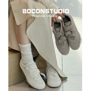 全牛皮版~法式复古风德训鞋女秋冬百搭休闲鞋魔术贴芭蕾运动鞋子