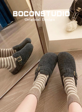 毛毡勃肯鞋加绒女秋冬毛毛鞋外穿东北棉鞋厚底博肯鞋灰色半拖鞋子