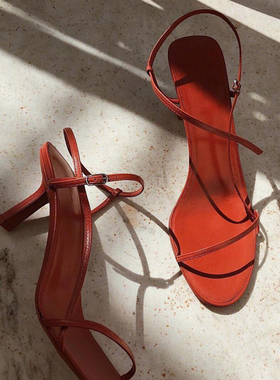 羊皮版~法式细带凉鞋女夏新款红色细跟露趾高跟鞋一字扣带女鞋子