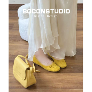 羊皮版~晚晚真皮浅口平底单鞋女春秋法式黄色芭蕾鞋方头玛丽珍鞋