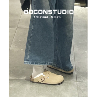 【限时伴价78】真皮勃肯鞋女足弓支撑外穿软木博肯包头半拖鞋男款