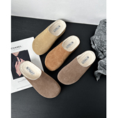 row风勃肯鞋 女秋冬加绒毛毛拖鞋 包头半拖厚底博肯鞋 牛皮版 穆勒鞋