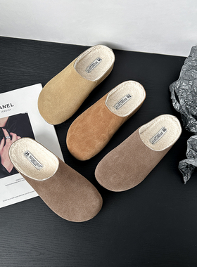 牛皮版~row风勃肯鞋女秋冬加绒毛毛拖鞋包头半拖厚底博肯鞋穆勒鞋