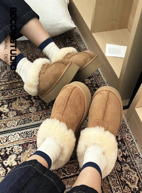 桑坡真皮羊毛雪地靴女冬季加绒加厚保暖东北棉靴厚底增高短筒靴子