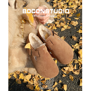 雪地靴真皮厚底博肯鞋 大棉鞋 女全包足弓支撑秋冬毛毛鞋 加绒勃肯鞋