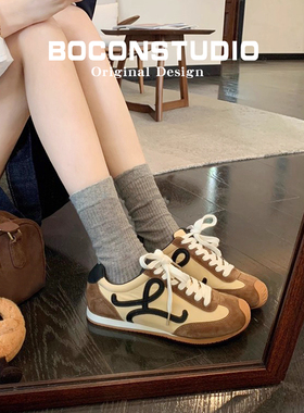 真皮版~复古内增高德训鞋女春秋大头运动户外板鞋拼色休闲阿甘鞋