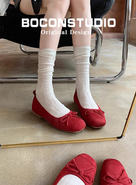 羊皮版~晚晚鞋红色浅口单鞋女春秋方头芭蕾舞鞋蝴蝶结法式平底鞋