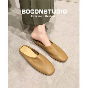 限时78 一脚蹬软面女春夏外穿半拖鞋 方头平底穆勒鞋 真皮包头拖鞋