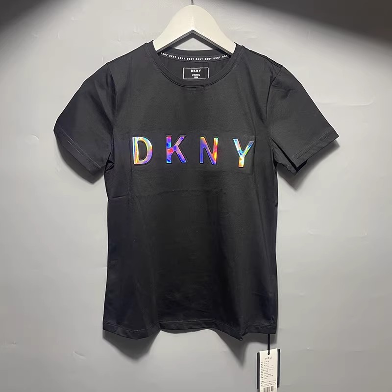 断码亏清 美国轻奢潮牌DK 女生夏季经典黑色圆领短袖修身弹力T恤