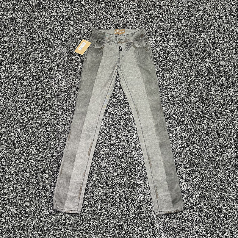 清仓john加利亚诺galliano女灰色铁锈做旧粉色logo中腰直筒牛仔裤