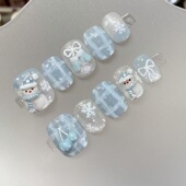 秋冬新款 纯手工小清新短款 小雪人美甲贴片成品显白可爱美甲穿戴甲