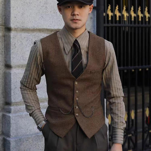 复古英伦雅痞棕色单排扣羊毛粗花呢 人字纹休闲修身结婚西装马甲