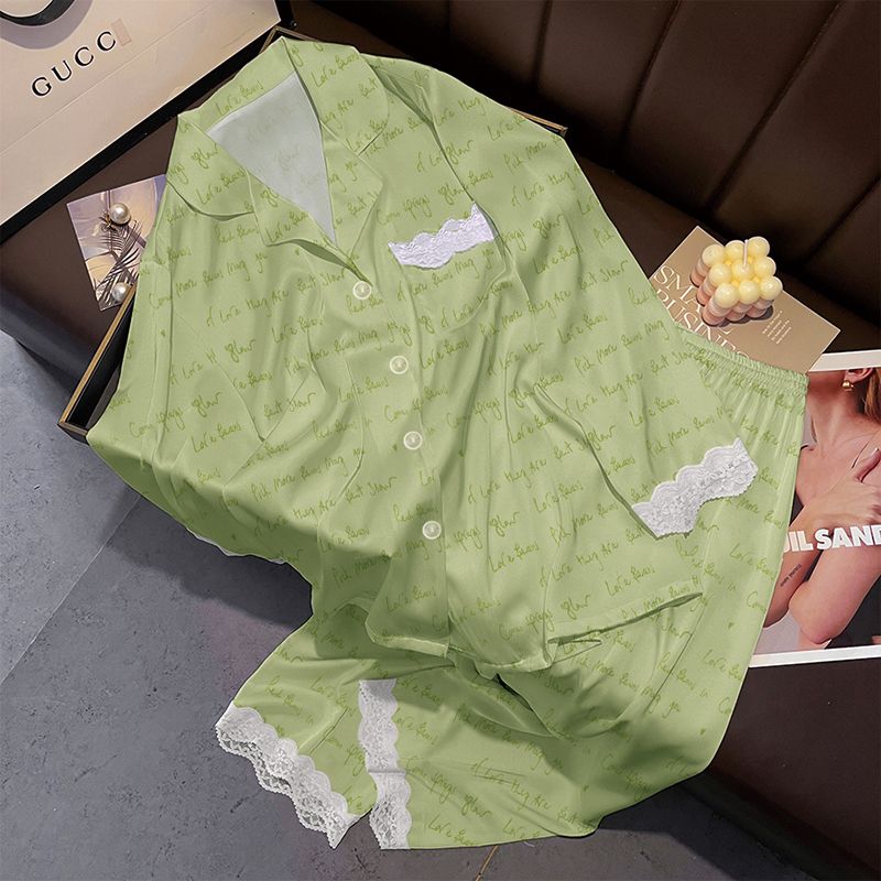睡衣女秋天冰丝长袖长裤可爱甜美公主风简约开衫蕾丝边家居服套装