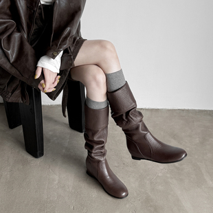 小羊皮超软堆堆靴复古圆头两穿高筒靴内增高通勤骑士靴褶皱女靴子