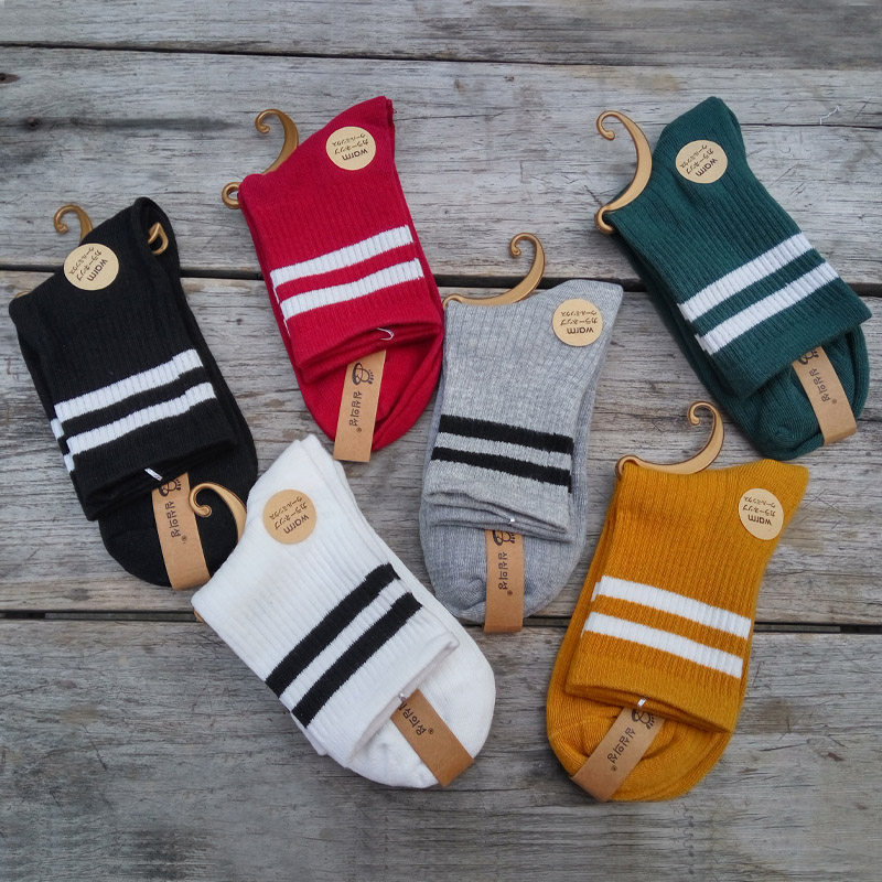 春秋中筒袜子女纯棉韩版学院风二条杠个性百搭运动学生袜长袜ins