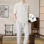 中国风休闲套装 男士 盘扣汉服复古风冰丝唐装 夏季 T恤男长裤 两件套