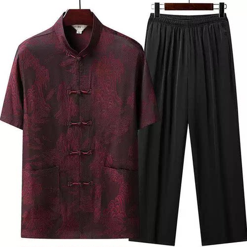 中老年人冰丝短袖唐装男休闲爸爸宽松套装中国风复古汉服爷爷装