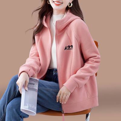双面摇粒绒外套女秋冬2025新款妈妈开衫卫衣加绒保暖宽松连帽上衣