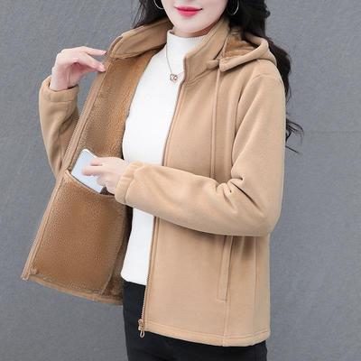 双面奥粒绒外套女秋冬2024新款中年妈妈加绒加厚连帽抓绒开衫卫衣