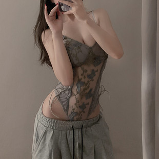薄款 修身 透视网纱蕾丝连体衣纯欲风火辣松紧绑带蕾丝吊带情调睡衣