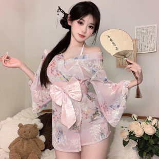 神明少女日式和服睡衣收腰透视诱惑雪纺睡袍女性感风樱花浴衣套装