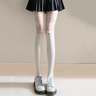 jk绑带假高筒白色拼接丝袜女半截过膝小腿袜洛丽塔软妹黑丝连裤袜