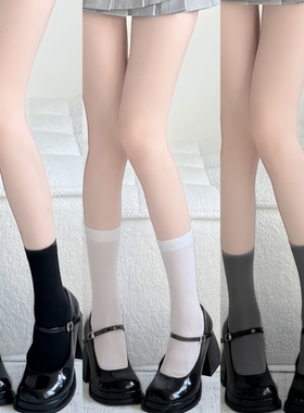 日系简约少女显腿长短筒袜子女天鹅绒中筒袜法式灰色白色jk短袜薄
