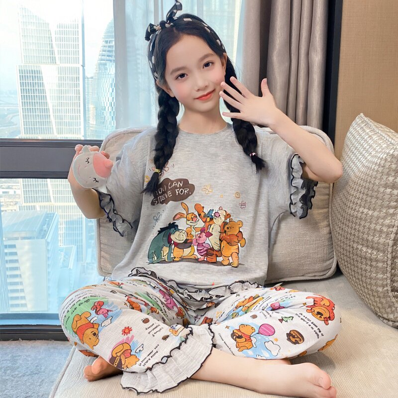 儿童睡衣夏季款女童短袖长裤凉感莫代尔动漫中大童女孩家居服套装