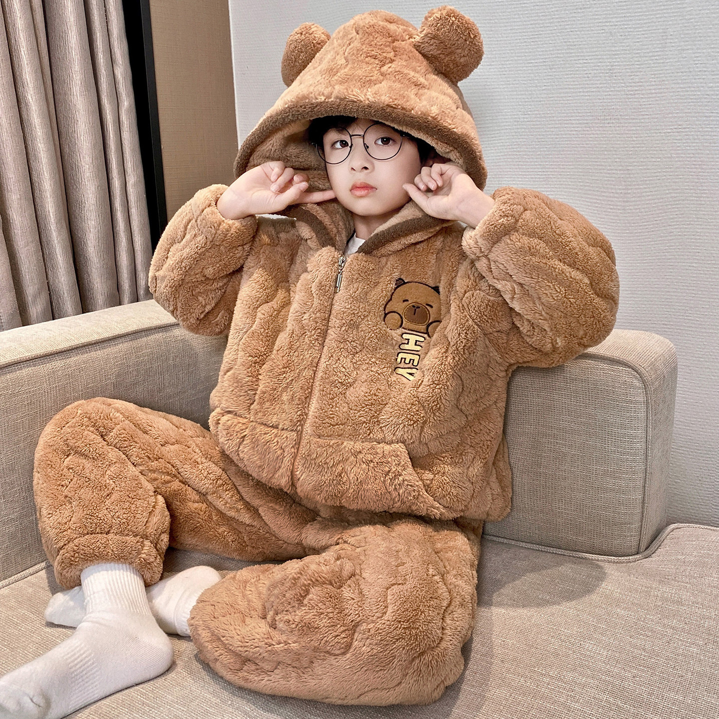 男童睡衣冬季三层夹棉加厚新款中大童珊瑚绒男孩家居服套装可外穿