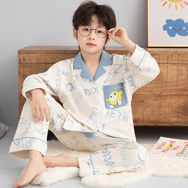 男童睡衣2026春秋新款纯棉蛋仔中大童男孩翻领开衫长袖家居服套装