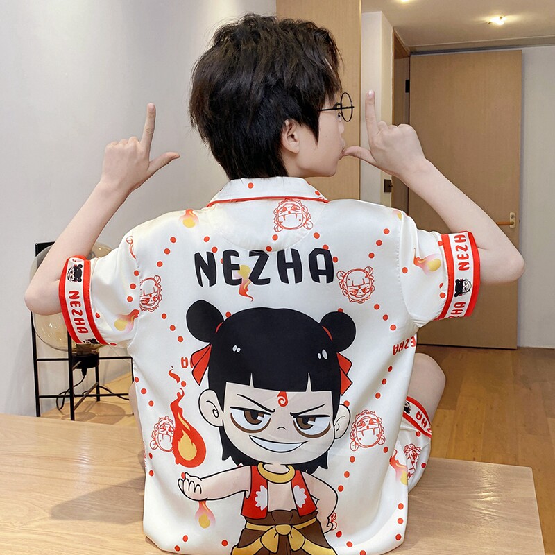 哪吒儿童睡衣男童夏季冰丝凉感短袖薄款男孩空调家居服中大童套装