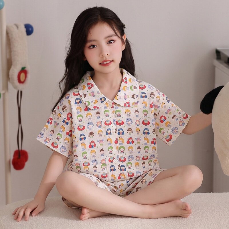 夏季新款女童睡衣纯棉短袖短裤薄款棉纱中大童公主女孩家居服套装