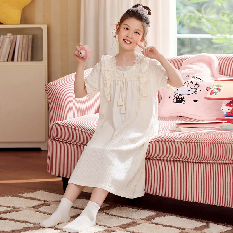 女童睡裙夏季款精梳棉抗菌新款短袖甜美宫廷风方领家居服儿童睡衣