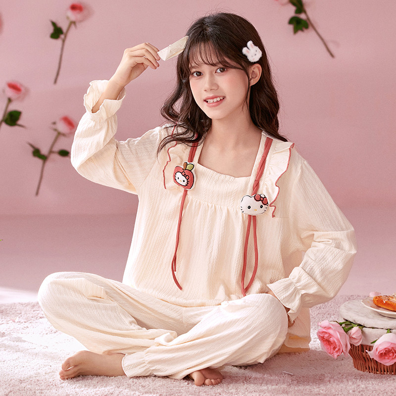 女童睡衣2026春秋季新款宫廷风纯棉长袖中大童女孩套头家居服套装