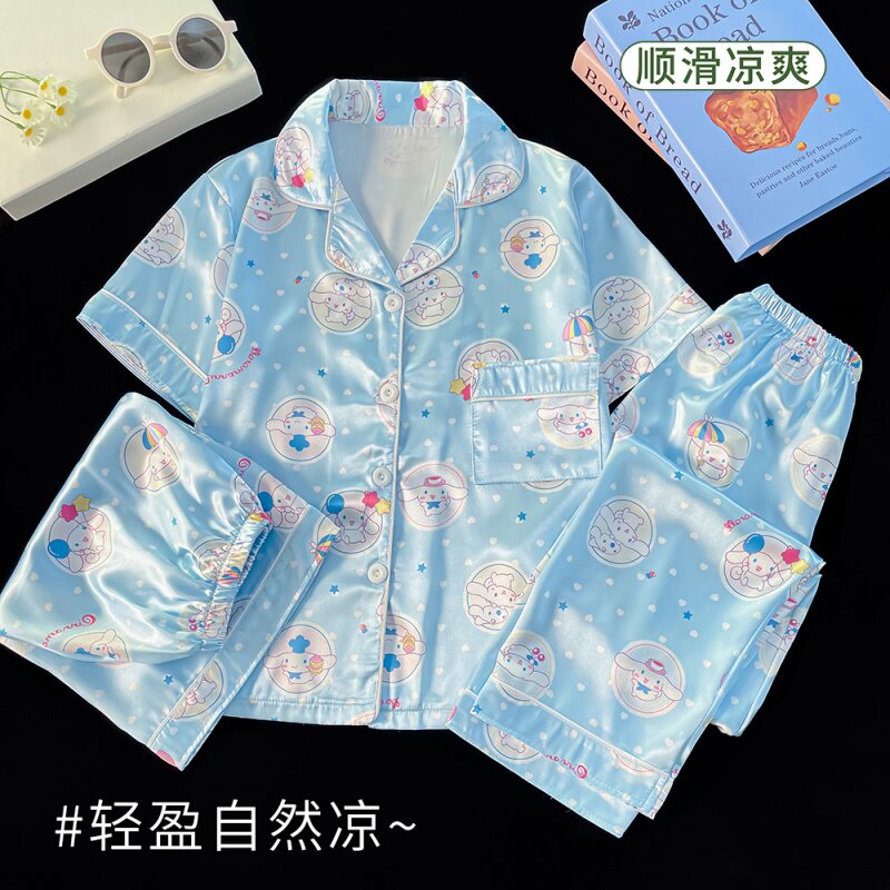 2026新款夏季冰丝女童睡衣短袖三件套空调服中大童家居服开衫套装