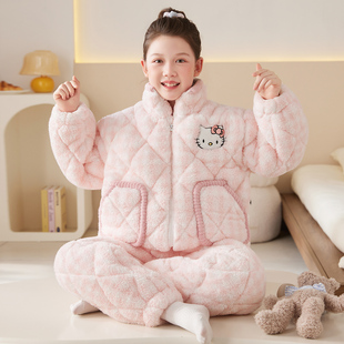 女童睡衣三层夹棉加厚珊瑚绒冬季中大童公主拉链家居服可外穿套装