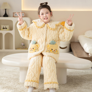 女童睡衣三层夹棉加厚冬季珊瑚绒女孩中大童保暖家居服套装可外穿