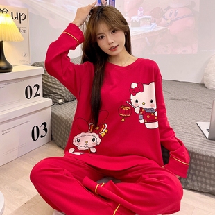 初中生女童新年喜庆睡衣春秋季红色纯棉圆领女大童休闲家居服套装