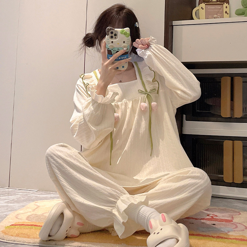 2026春秋季新款女童睡衣纯棉长袖初中生女孩宫廷风大童家居服套装