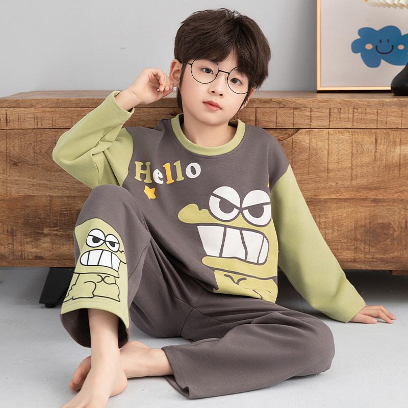 2026纯棉男童睡衣圆领春秋季款中大童男孩长袖鳄鱼套头家居服套装
