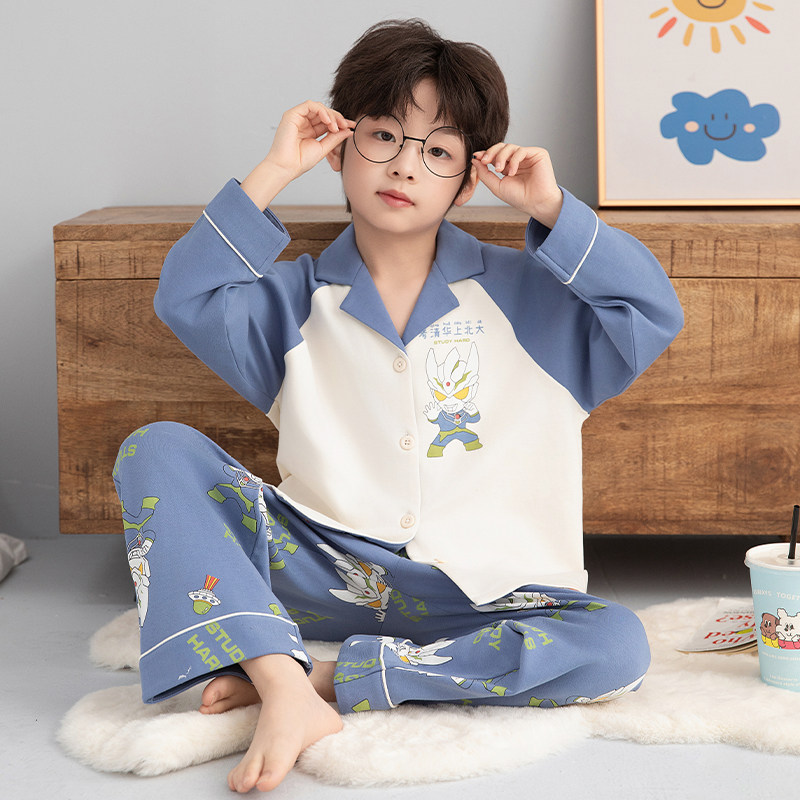 男童睡衣2026春秋款纯棉中大童男孩翻领开衫长袖奥特曼家居服套装