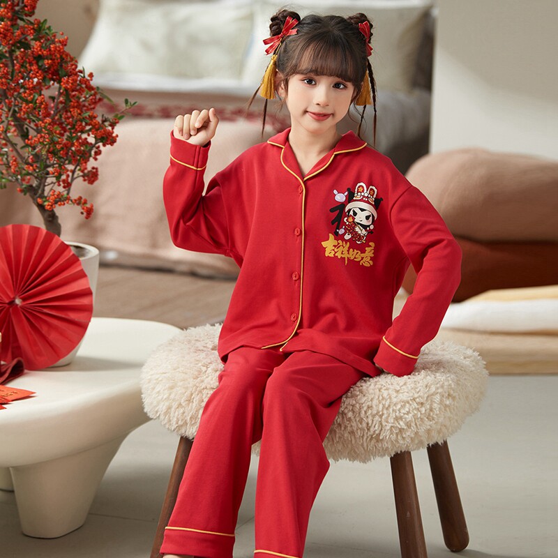 2026新款女童睡衣春季纯棉长袖红色本命年女孩套装儿童翻领家居服