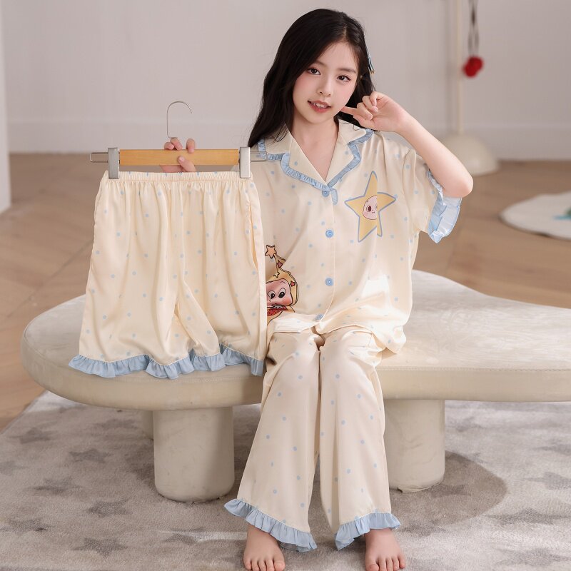 2026夏季女童睡衣冰丝款三件套短袖空调服冰凉感中大童卡通家居服