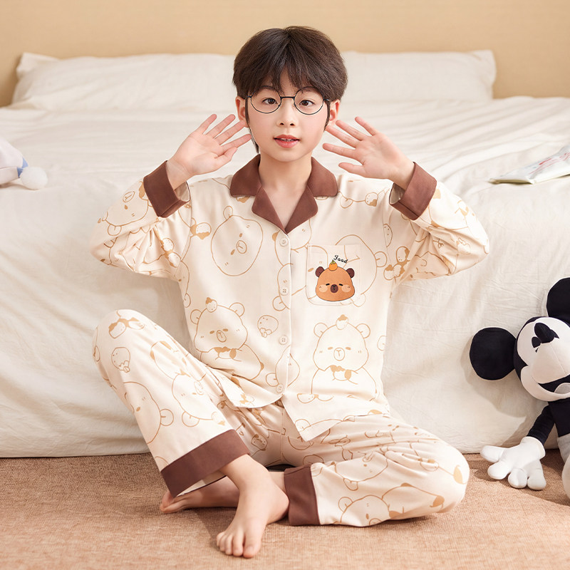 2026新款男童睡衣春秋棉质中大童长袖开衫卡通套装男孩儿童家居服